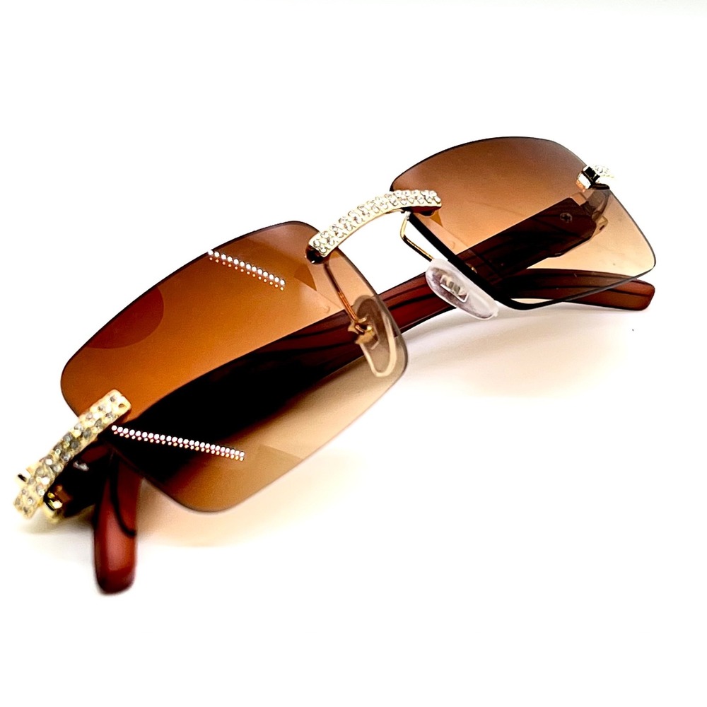 Rimless Sunglasses Rhinestone Rectangle Brown Gradient Lens Men Women UV400 New